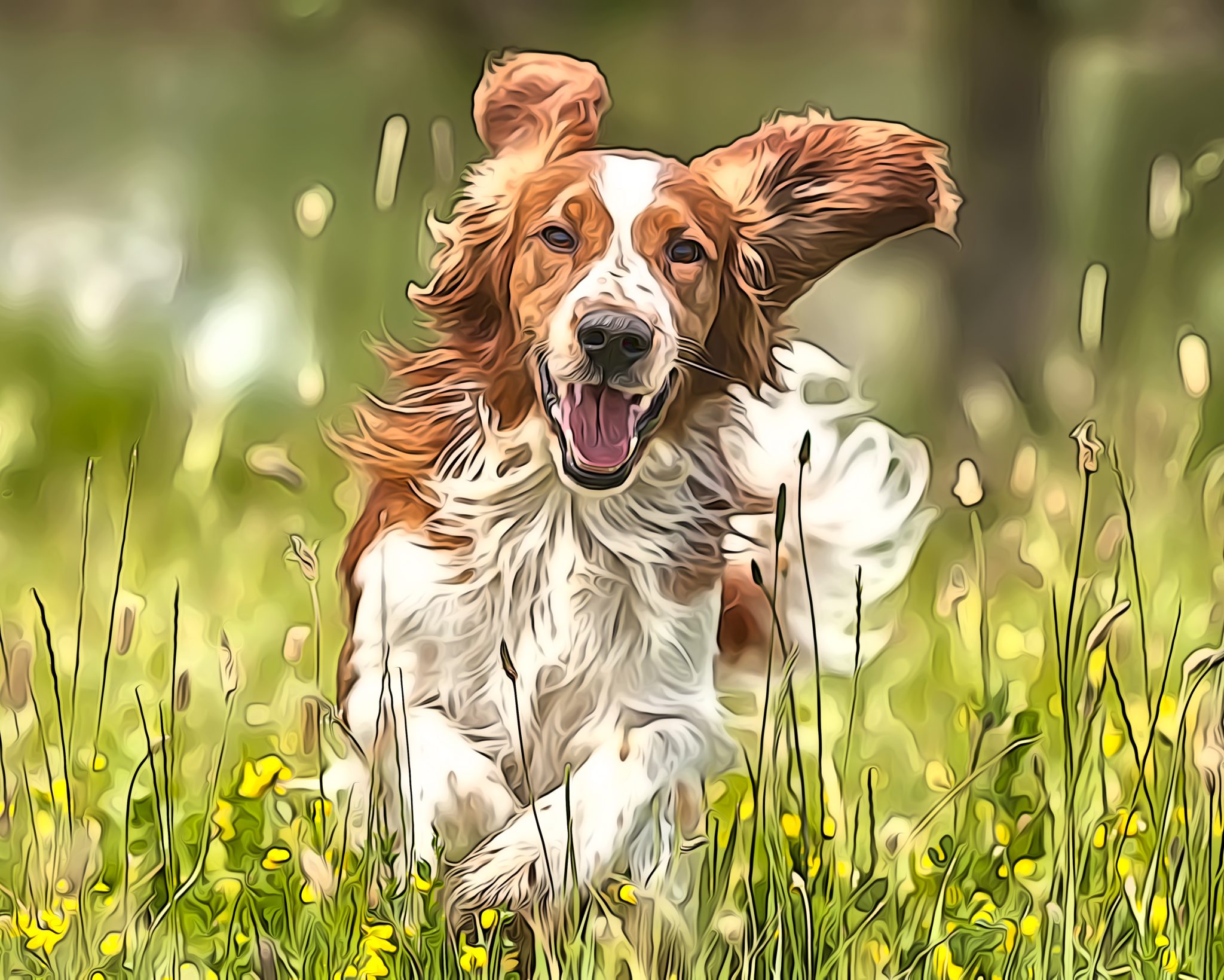Dog running in fields in Spring